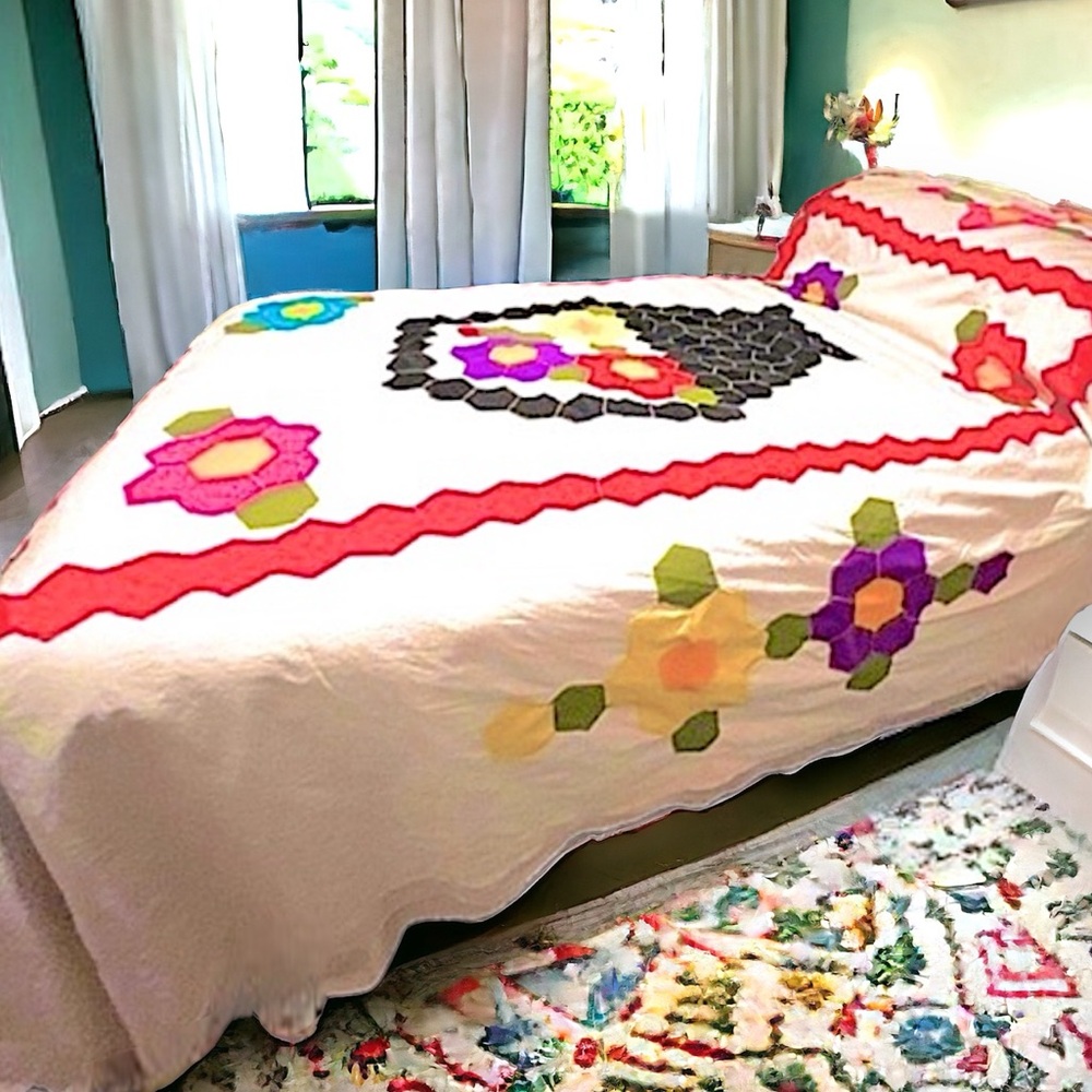 Vintage Handmade Granny’s Garden Floral Basket Cotton Queen Bed Coverlet